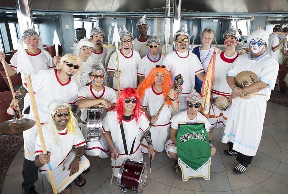 The crew marched through the halls with drums and cymbals for an early morning wakeup.